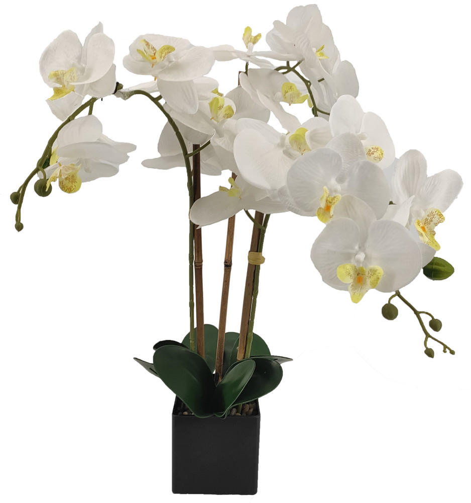 Kunstpflanze Orchidee mit 3 Rispen ca. 21 Blüten 12 Knospen weiß ca. 66cm im Deko-Topf, Kunstblume naturgetreu