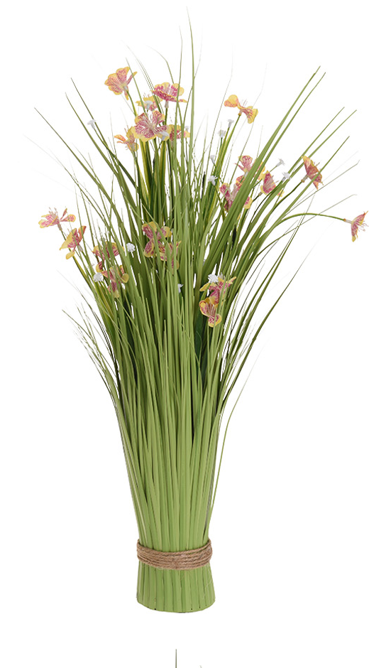 Kunstpflanze Ziergras mit Blüten gelb-pink Blüten