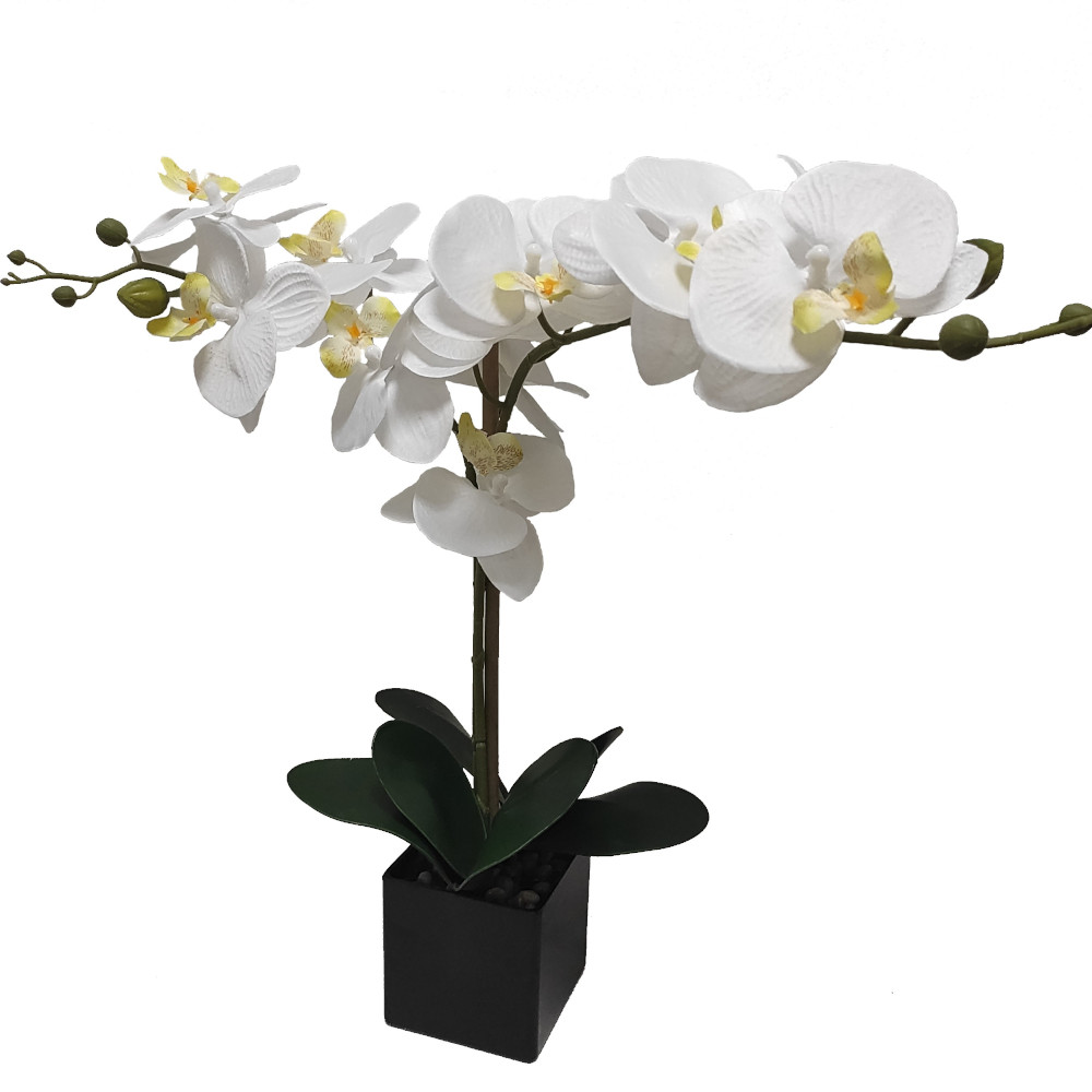 Kunstpflanze Orchidee mit 2 Rispen ca. 13 Blüten 8 Knospen weiß ca. 56cm im Deko-Topf, Kunstblume naturgetreu